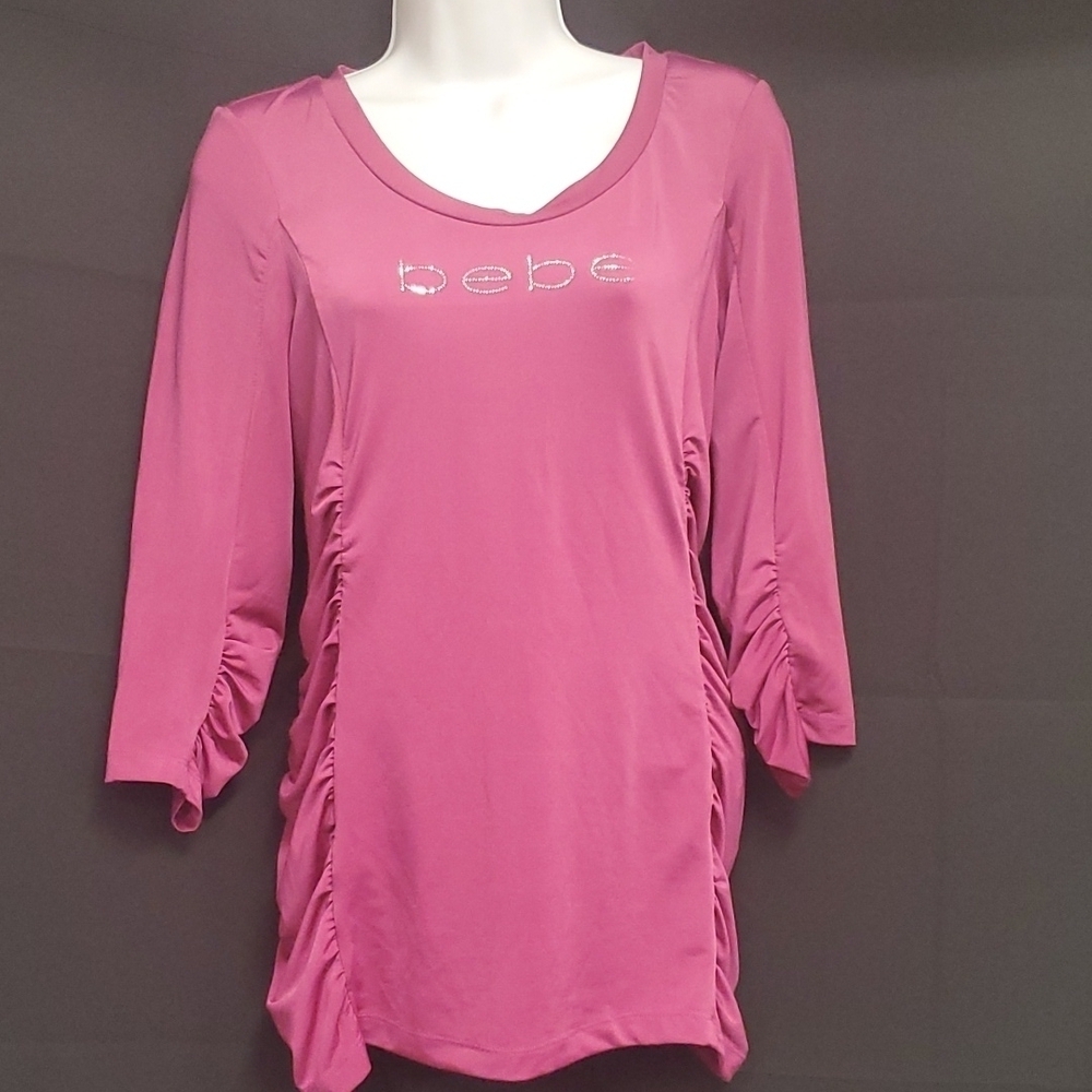 Bebe Rouched Swoop Neck Pink Top SZ MD